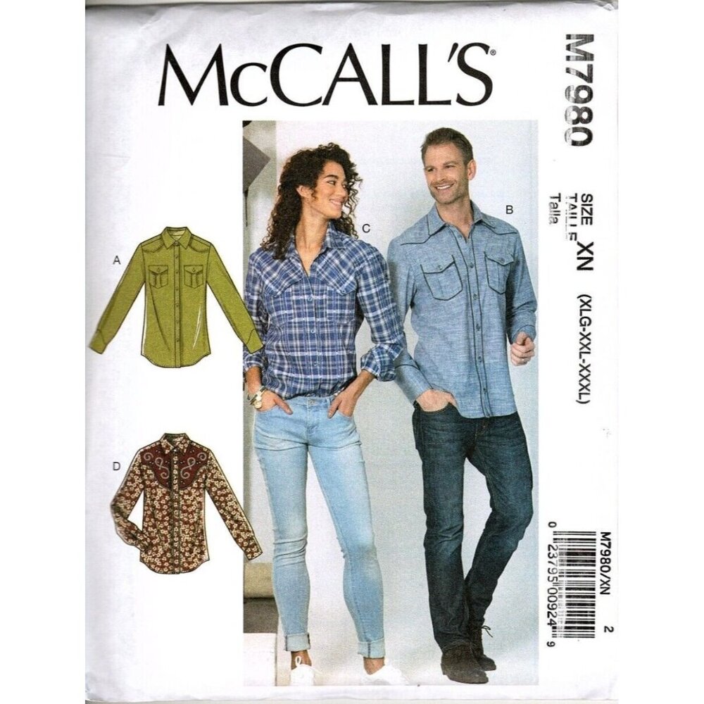 McCalls M7980 Unisex Mens and Misses XL to 3XL Western Shirts Sewing Pattern